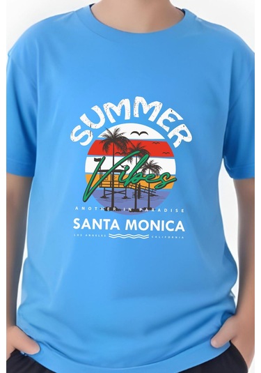 Summer Baskılı Erkek Çocuk Yuvarlak Yaka Kısa Kollu T-shirt Mavi