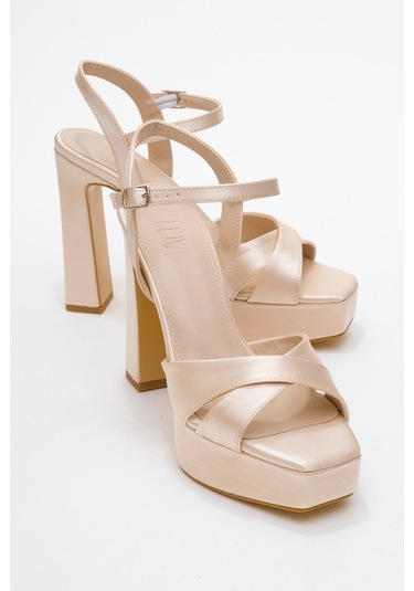 Yulia Bej Saten Çapraz Bantlı Kadın Platform Topuklu Ayakkabı Bej
