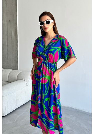 Kadın Mavi Derin V Yaka Yazlık Uzun Önden Yırtmaçlı Viskon Elbise Mavi