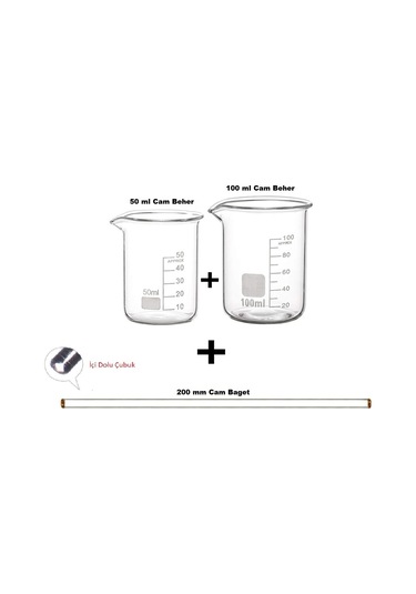 Agena Cam Beher Seti 3 Parça, 1'er Adet 50ml, 100ml Cam Beher Ve 200mm Cam Baget