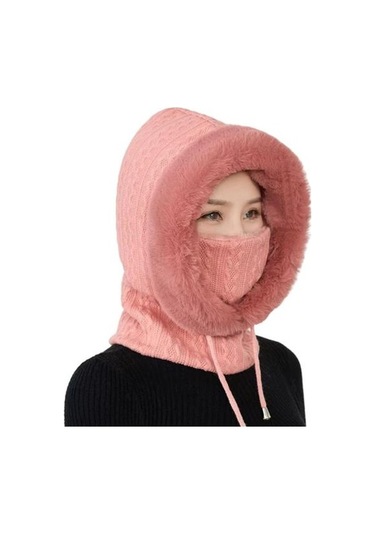Novahub Kadın Kış Şapka Entegre Atkı Kalın Sıcak Sahte Kürk Örme Rüzgar Geçirmez Yüksek Pembe Pembe