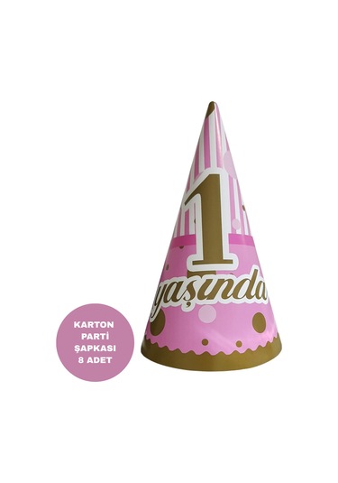 1 Yaş Temalı Pembe Karton Parti Şapkası 8 Adet Tüm Yaşlar