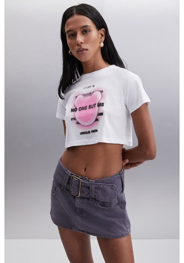 MORAN Kadın %100 Pamuk Beyaz - Pembe baskılı T-Shirt