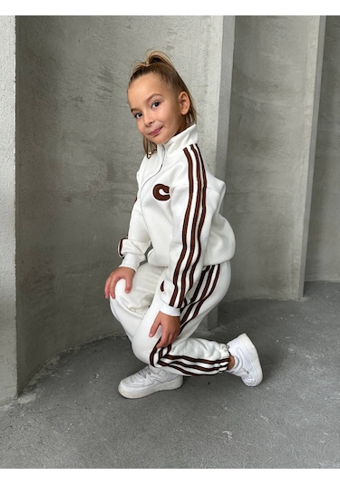 Kız Çocuk Eşofman Takım Fermuarlı %100 Pamuklu Alt Üst Takım Beyaz