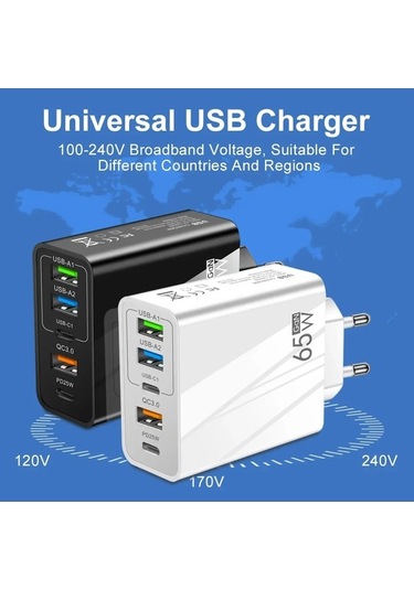 Zyzqstore 65w Hızlı Şarj Mobil Şarj Başı, Pd+3usb Çoklu Arayüz, 1 Adet, Beyaz Renk, Standart Boyut, Akıllı Telefonlar İçin Uygu 1 Adet