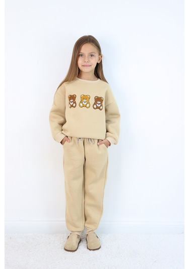 Kız Çocuk 3'lü Ayıcık Nakışlı 3 İplik Oversize Şardonlu Takım Ekru