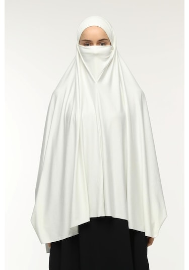 Kollu Sufle Çarşaf Üstü Peçeli Pratik Tesettür Hijab - Nikaplı Namaz Örtüsü Ekru