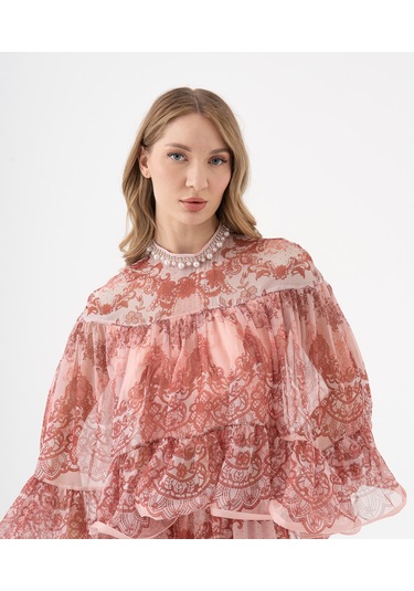 Dantel Desenli Katlı Şifon Volanlı Bluz SOMON