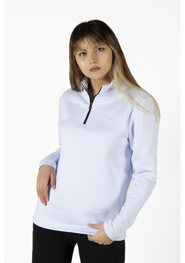 Kadın Beyaz Yarım Fermuarlı Basic Düz Renk Trend Sweatshirt Beyaz