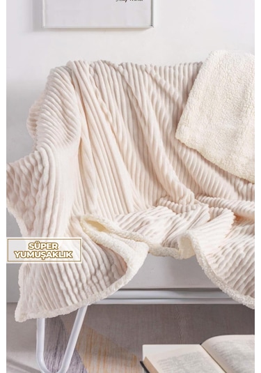 Sherpa Battaniye Çift Kişilik Çizgili Yumuşak Peluş Wellsoft Yatak Örtüsü Krem