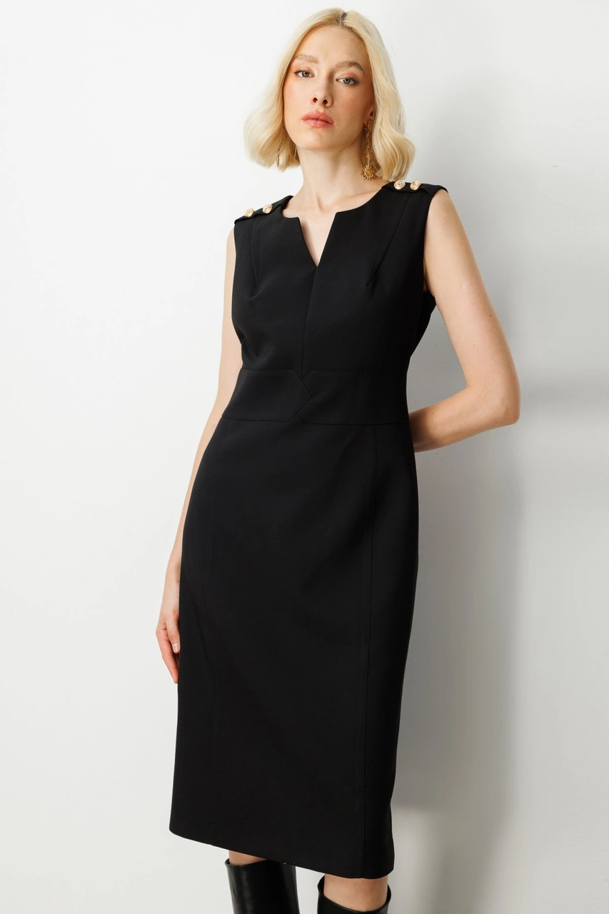 Ekol Kadın Süs Düğme Detaylı Kolsuz Elbise 4015 Siyah Siyah