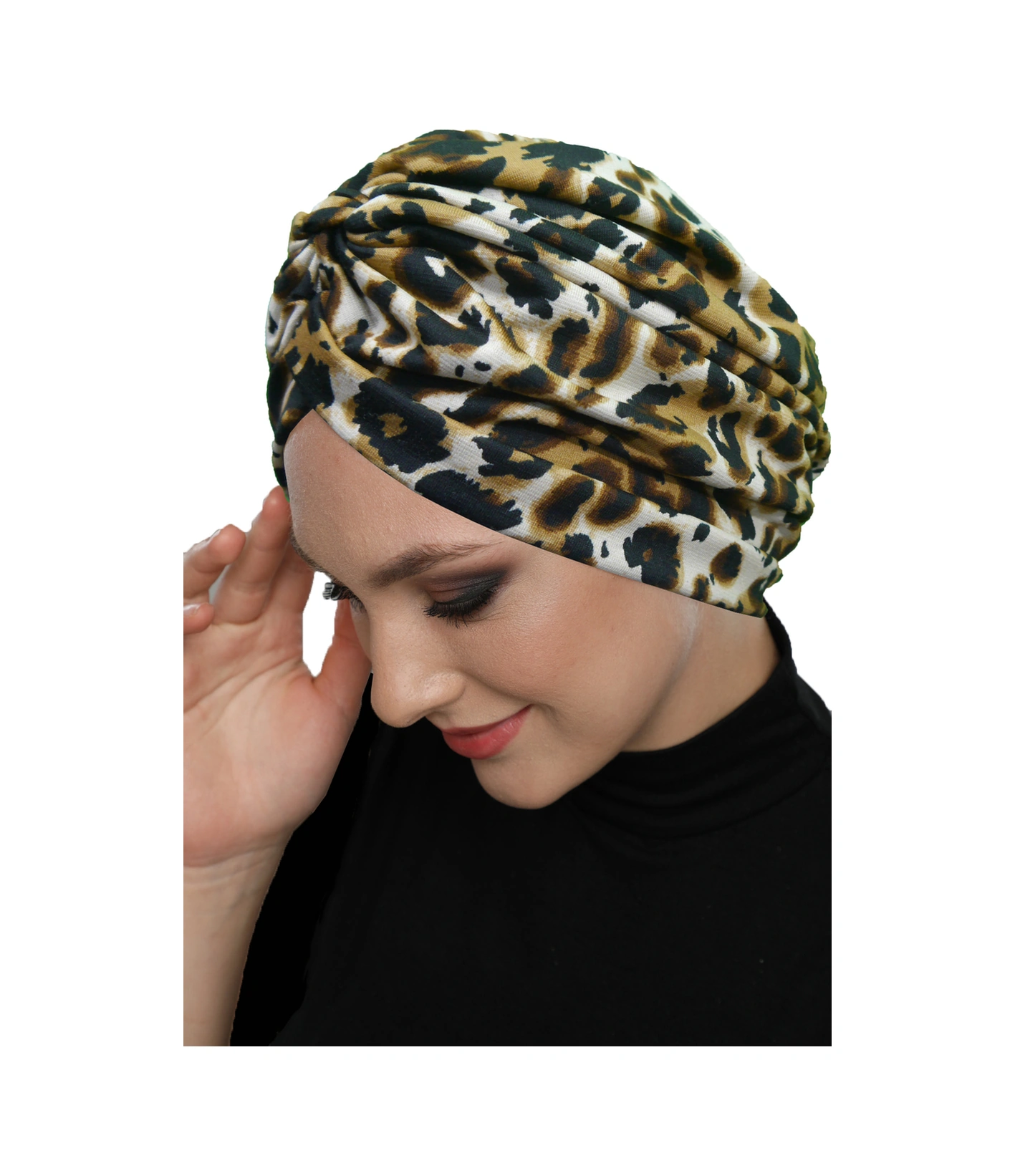 Savanna Chic Desenli Çapraz Ve Bant Detaylı Astarlı Hazır Türban Tesettür Havuz Bonesi Açık Leopar