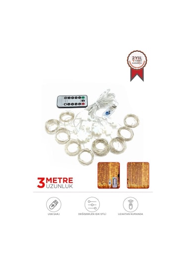 Torima Lw-7 300 Ledli 10 Sarkıt Perde Led Işık, 8 Modlu Uzaktan Kumandalı, 3x3 Metre Peri Telli Led