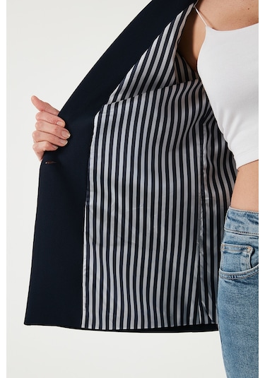 Lela Standart Fit Mono Yaka Desenli Astar Detaylı Blazer Bayan Ceket 6524003 Lacivert