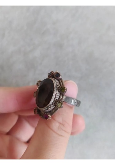 925 Gümüş Dumanlı Kuvars Yüzük 288 Siyah - Beyaz