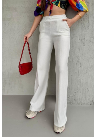 Kadın Ekru Yüksek Bel Bol Paça Kaşkorse Fitilli Cepli Pantolon Eşofman Altı Mtlcb104-ekru Ekru