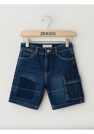 Çocuk Kargo Cepli Kot Şort-16005 Lacivert