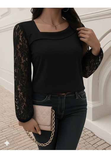 Tua Moda Kadın Uzun Kollu Asimetrik Yakalı Dantelli Ithal Krep Bluz Siyah