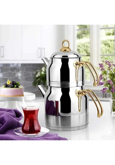 Lines Ayperi Paslanmaz Çelik Çaydanlık Takımı Gold Kulp 7 L Gold