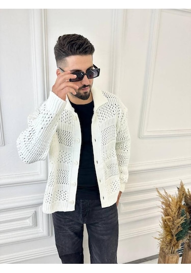 Elku Moda Hırka Oversize Özel Örgülü Triko Desenli Salaş Örgü Hırka Beyaz