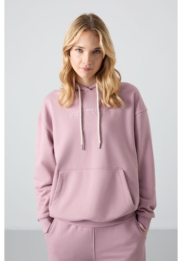 Tommy Life Gül Kurusu Kapüşonlu Kanguru Cep Oversize Lastik Paça Kadın Eşofman Takımı - 95288 Gül Kurusu