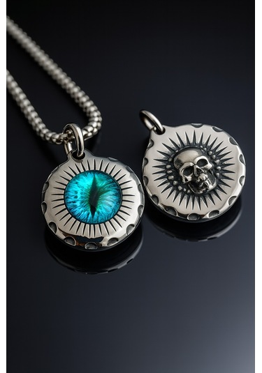 Arka Yüzünde Kuru Kafa Sembollü Mavi Ejder Gözü Paslanmaz Çelik Kolye Mavi