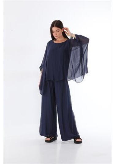 İtalyan Yarasa Kollu İpek Bluz-9220 Lacivert