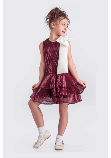 Etekli Şık Elbise Pullu 3 Kat Bordo