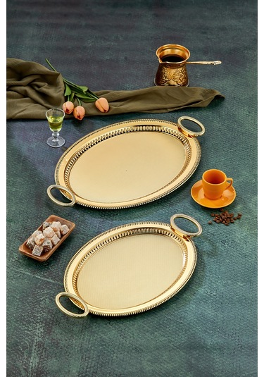 Cooker 2'li Özel Seri Oval Model Lüx Metal Çay Sunum, Nişan Tepsisi 37x28 Ve 44x33 Cm Altın