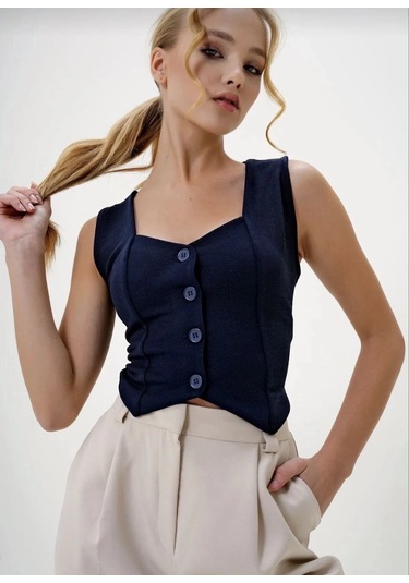 Krep Kumaş Düğmeli Yelek Lacivert S3395 Lacivert