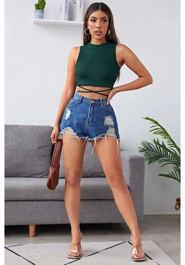 İmoda Kadın Yeşil Çapraz Bağlamalı Crop Top Büstiyer Çok Renkli