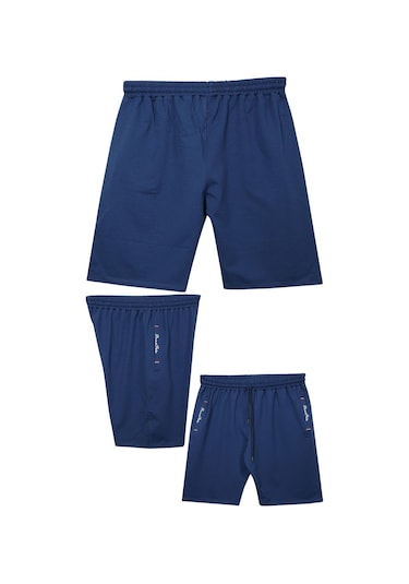 Büyük Beden 110 - 155 Kilo Arası İçin Uygun Bedenli Cepleri Nakış Detaylı Likralı Penye Erkek Şortu Koyu Mavi