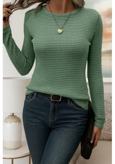 Kadın Uzun Kollu Bisiklet Yaka Triko Kazak Yeşil