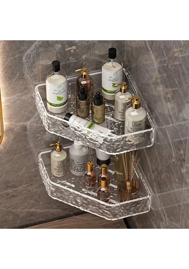 Xuweiwei 1 Adet Plastik Duvara Monte Transparan Banyo Köşe Rafı, Altın Boru Yok Şeffaf