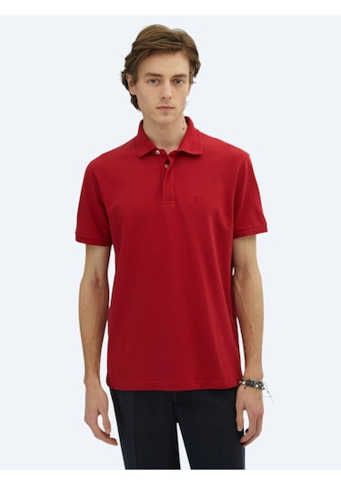 Kırmızı Düz Polo Yaka %100 Pamuk T-shirt Kırmızı