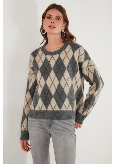 Lela Oversize Fit Bisiklet Yaka Baklava Desenli Yumuşak Dokulu Bayan Kazak 4616223 Gri