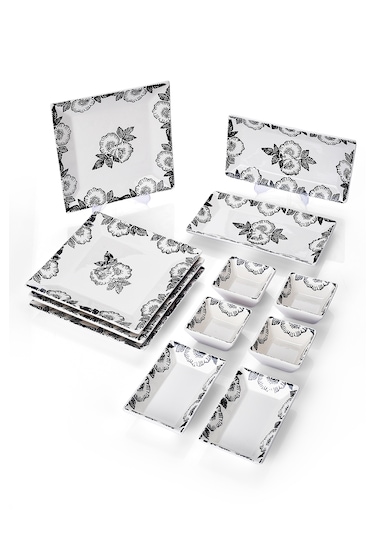 Piatti Naturali 12 Parça 4 Kişilik Black Rose Kahvaltı Takımı Handmade Sunum Set Siyah
