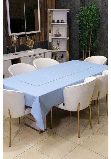 Dream 8 Parça Masa Örtüsü Seti Çeyiz Seti Salon Masa Örtüsü, Runner, 6'lı Peçete Açık Mavi