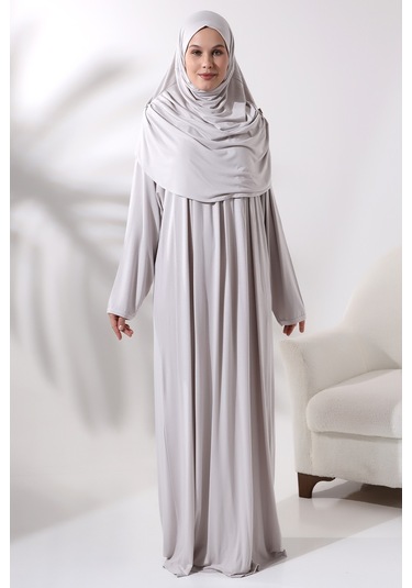 Tek Parça Pratik Başörtülü Robalı Namaz Elbisesi 8015 Taş Rengi 001