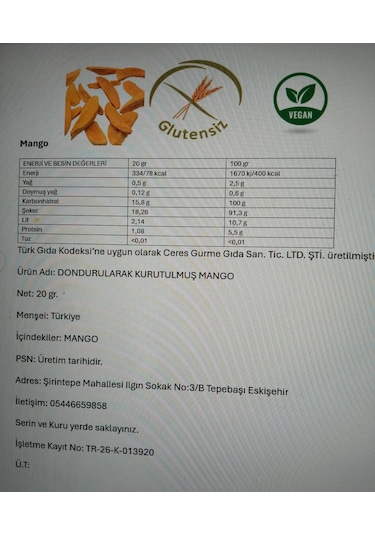 Dondurularak Kurutulmuş Mango 20 G