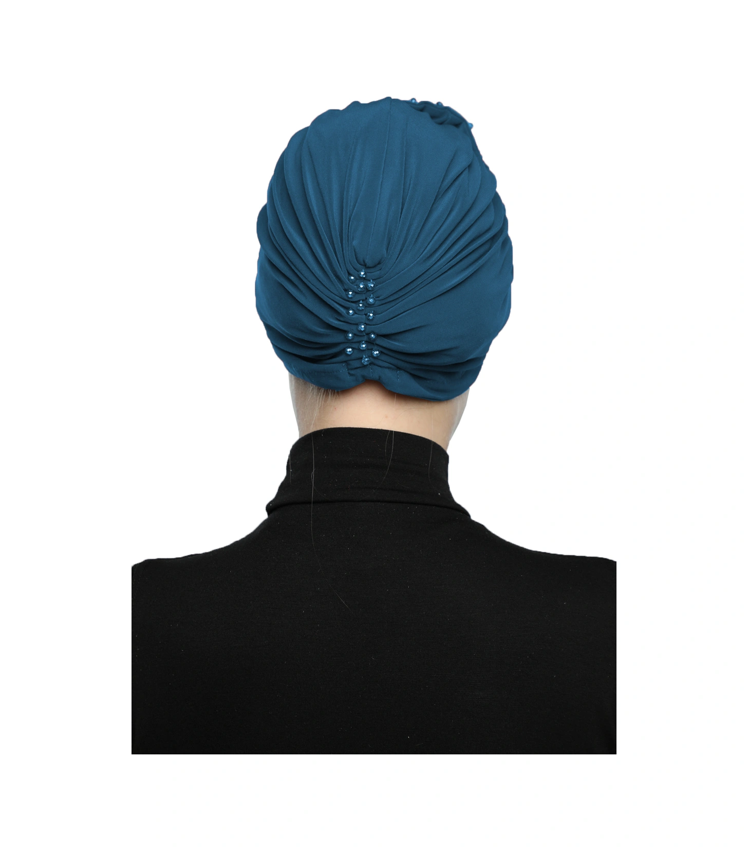 Kristal Yelpaze Taş Işlemeli Çift Taraflı Astarlı Petrol Hazır Türban Tesettür Abiye Bone Petrol