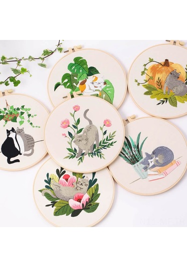 Mufunye Dıy Kedi Desenli İpek İşleme Seti - 30x30cm Kumaş, 20x20cm Taha, Tüm Malzemeler Dahil - Başlangıçcı Dost Ev Dekoru El Sanəti Paketi