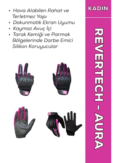 Revertech Aura Pembe - Dokunmatik Ekran Uyumlu Kadın Motosiklet Eldiveni + Buff li