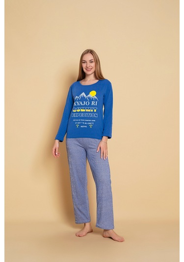Kadın Penye Sıfır Yaka Uzun Kol Pijama Takımı Saks Mavi