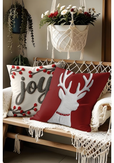 2 Li Yılbaşı Desenli, Çift Taraflı Baskı, Kırlent Kılıfı Seti Kırmızı - Beyaz