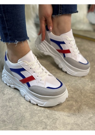 Günlük Kadın Sneaker Kalın Yüksek Taban Bağcıklı Rahat Tiger Şeritli Spor Ayakkabı 032 10-taş Saks Mavi Kırmızı