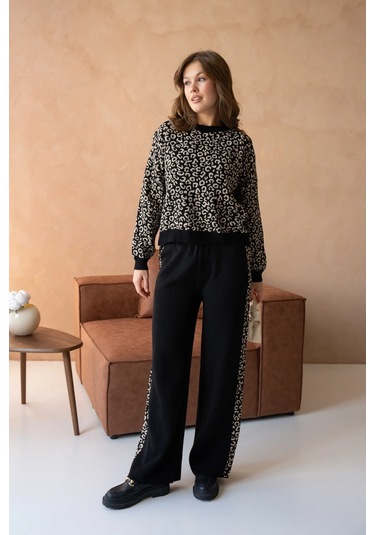 Kadın Geniş Yaka Desenli Kazak Pantolon İkili Triko Takım Siyah