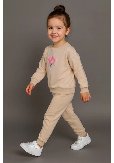 Kız Çocuk %100 Pamuk Gül Baskılı Eşofman Takımı Bej