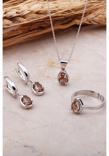 Sultan Taşlı Rodyumlu Damla Gümüş Set 2347 527431005