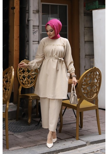 Fırfır Detaylı Tesettür Bej Takım Bej